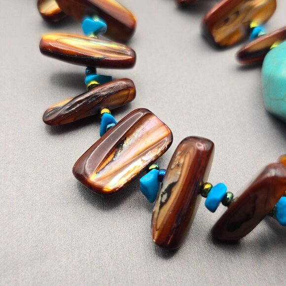 VTG Paua Abalone Shell Stick Bead Necklace 30" Howlite Chunks & Turquoise Chips - Picture 7 of 12